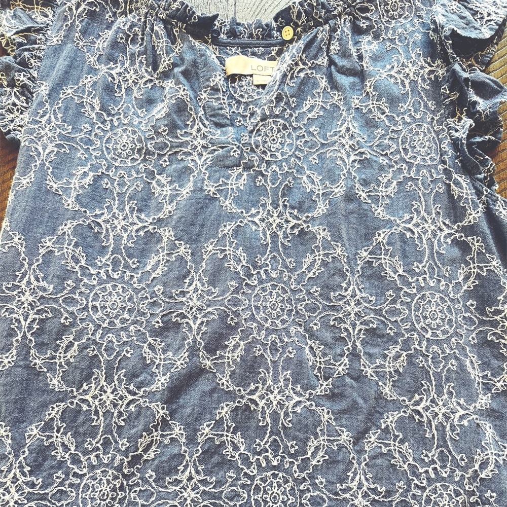 LOFT Chambray Ruffle Bib Top